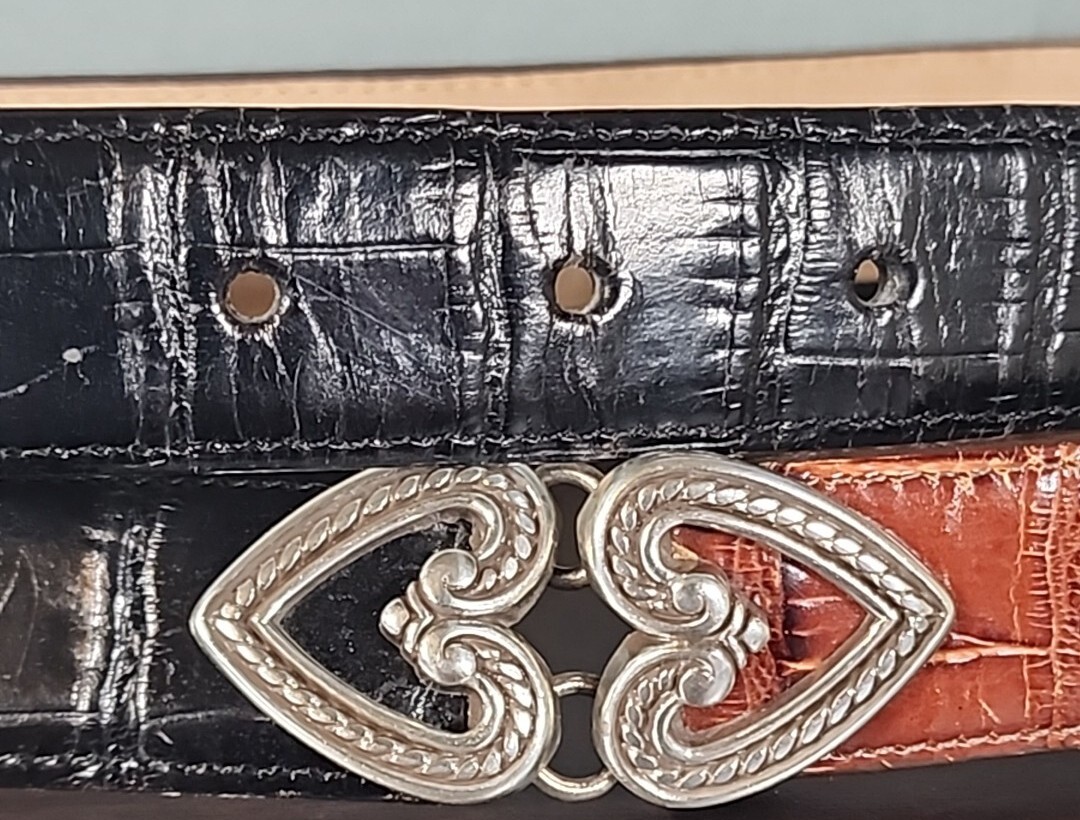 Vintage Brighton Black Brown Croc Leather Belt Silver Heart 