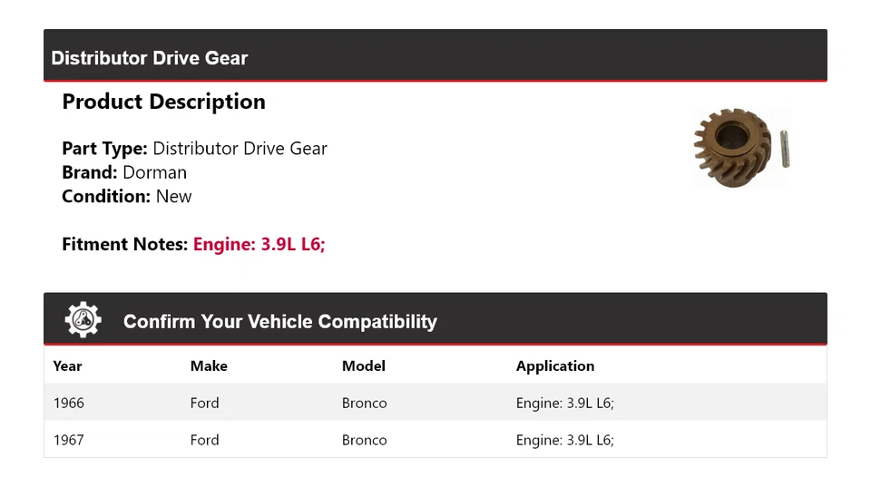 适用于 1966 - 1967 年福特野马 3.9 升 L6 Dorman 分销商传动装置 — 第 2/4 张图片