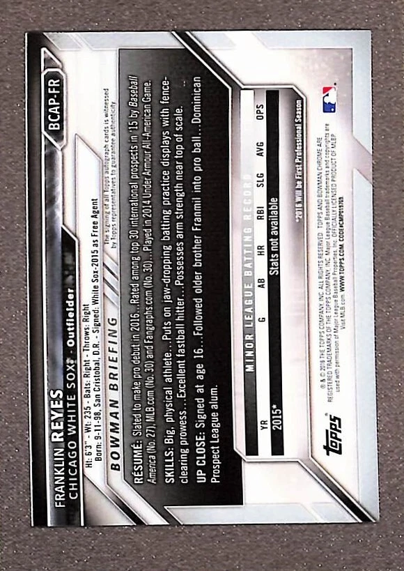 Franklin Reyes 2016 1st Bowman Chrome Auto RC #BCAP-FR - Image 2 of 3
