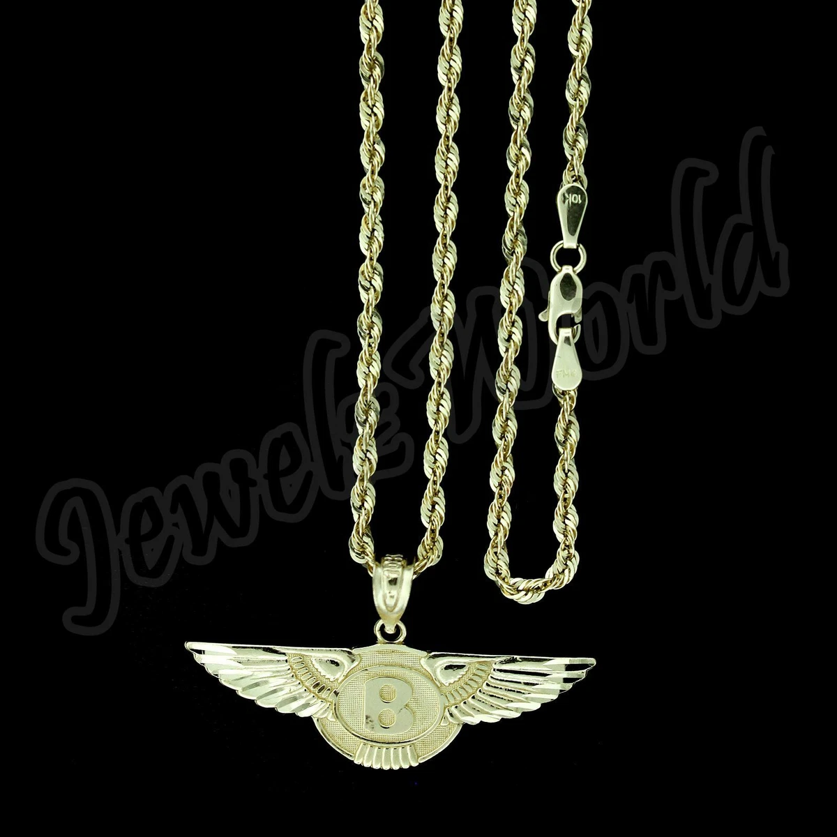 Real 10K Yellow Gold Bentley Flying B Logo Wing Charm Pendant 2.5mm Rope Chain