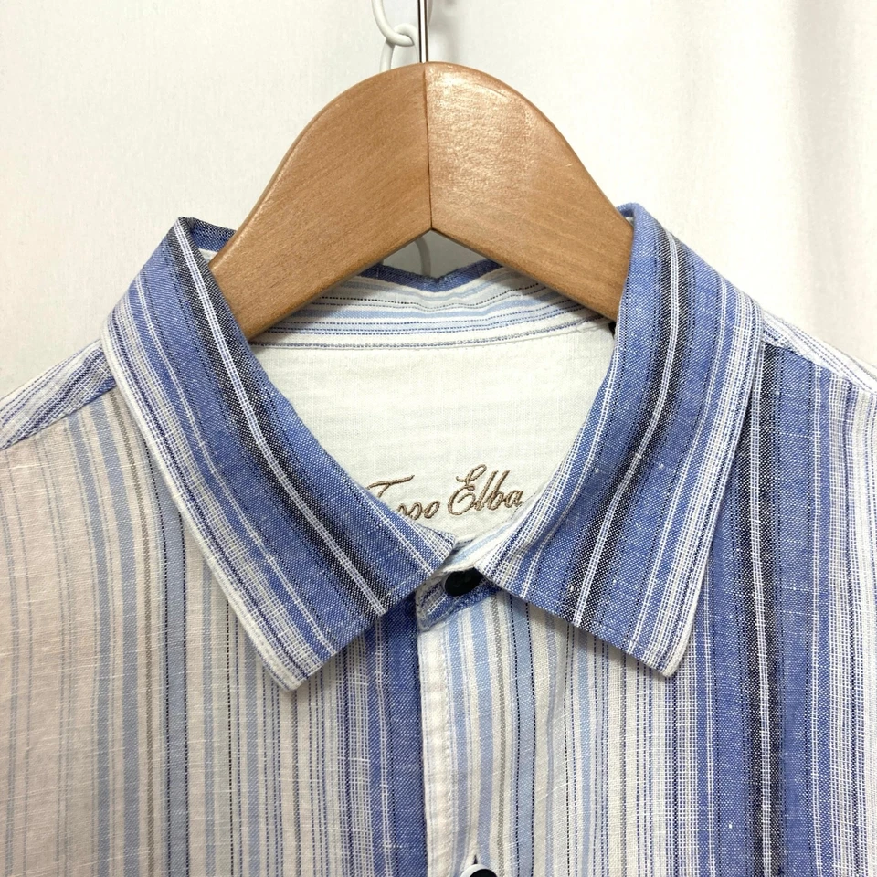 Camisa de vestir Tasso Elba de lino algodón azul blanco a rayas manga larga con botones Foto 3 de 4