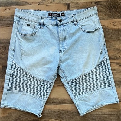 Southpole Men s Size 38 Denim Biker Shorts Light Wash Distressed Bleach Raw Hem