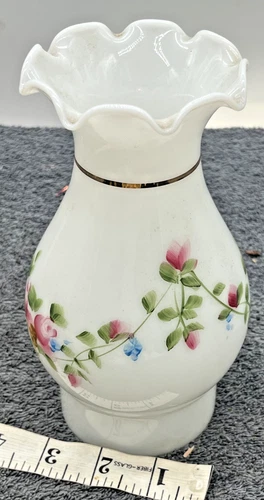 vintage glass oil lamp shade floral painted flowers white milk glass chimney