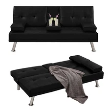 PU Leather Convertible Futon Sofa Bed Modern Upholstered Couches 2 Cupholders
