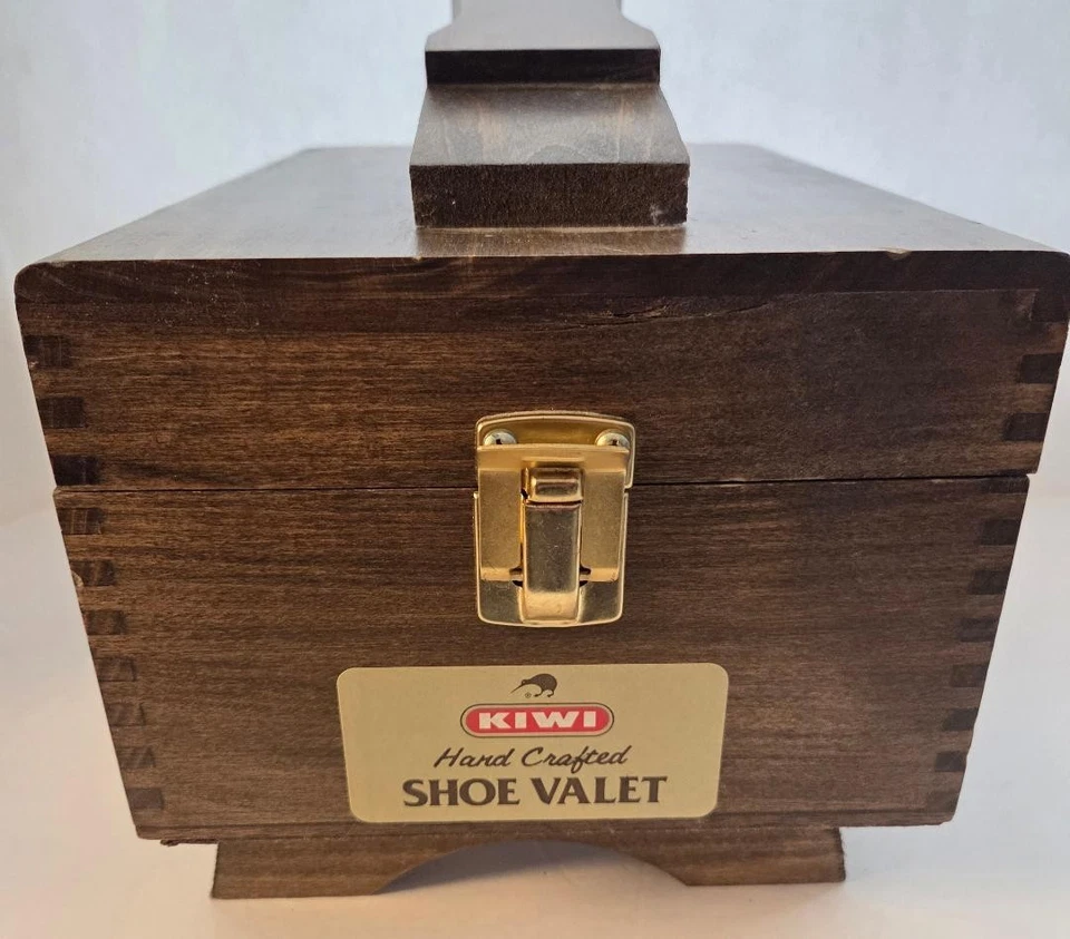 Vintage KIWI handgefertigter Schuhdiener Holz Schuhputzkasten Set 7 Bürsten - Bild 1 von 4