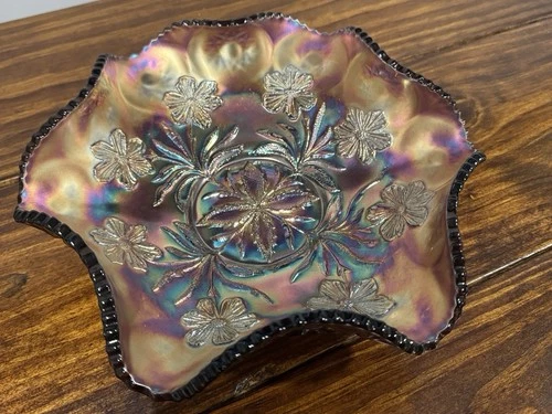 Vintage Amethyst Ruffled Carnival Glass Iridescent Bowl 10” Wide