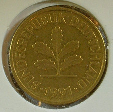 WORLD COIN SALE--1991-A  GERMANY  5 PFENNIG-BRASS PLATED STEEL COIN-KM# 107