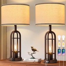 24" Farmhouse Table Lamps for Living Room Bedroom Set of 2, USB A C