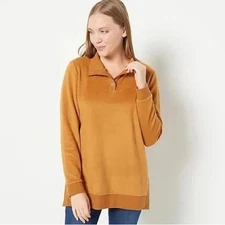 AnyBody Fleeced Back French Terry Pullover with Buttons-Ginger Spice-Med-A461066