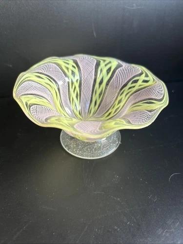 Vintage Murano Latticino Ribbon Blown Glass Decorative Pastel Dish MCM Italy