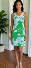Tory Burch Silk Shift Dress Sequin Neckline Floral Size 8 Green White Blue Print