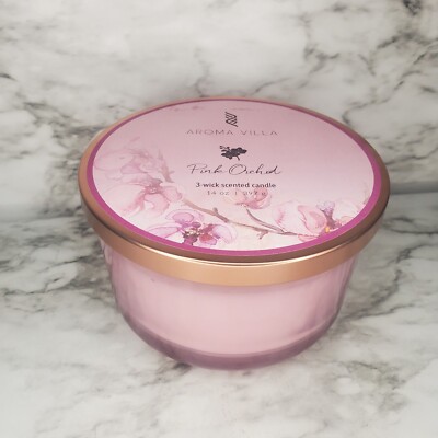 Aroma Villa 3 Wick Scented Candle 14 Oz - Pink Orchid (Floral Scent) Glass 