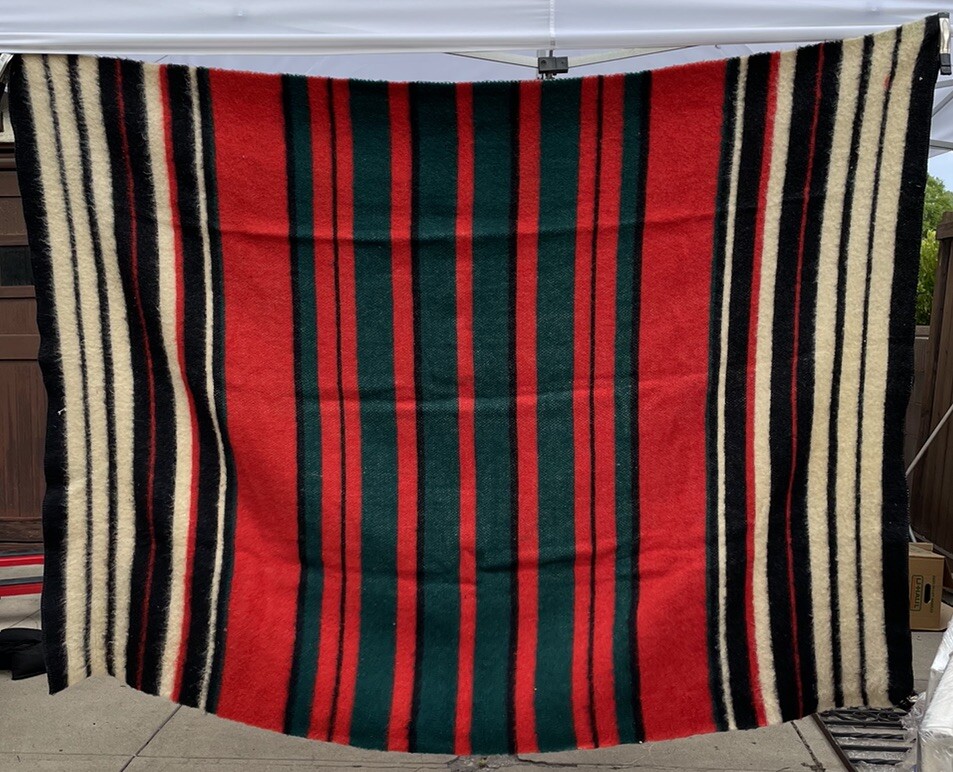 Vintage Wool Striped Blanket 84” x 59” Red Green Cream Black