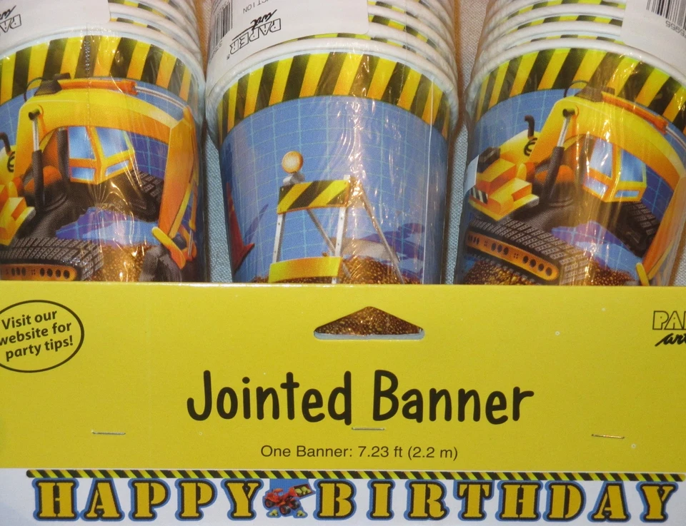Boys UNDER CONSTRUCTION Birthday PARTY Set TRUCKS Backhoe BANNER 16 PLATES, CUPS - Image 3 of 4