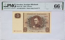 Sweden 5 Kronor 1956 Pick 42c – PMG 66 EPQ Gem Unc – King Gustaf VI Adolf