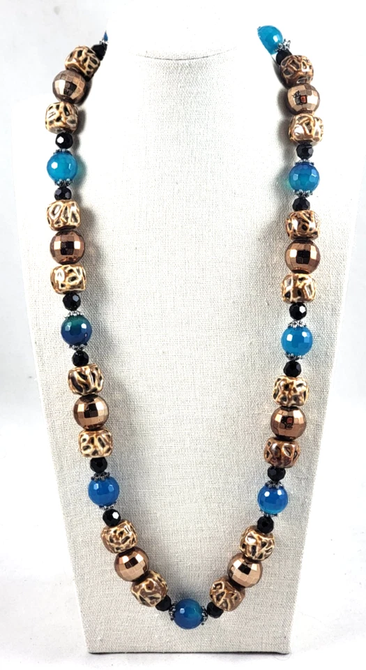 Collar Largo Cuentas Piedra Azul (¿Calcedonia?), cerámica marrón facetada de cobre Foto 2 de 4