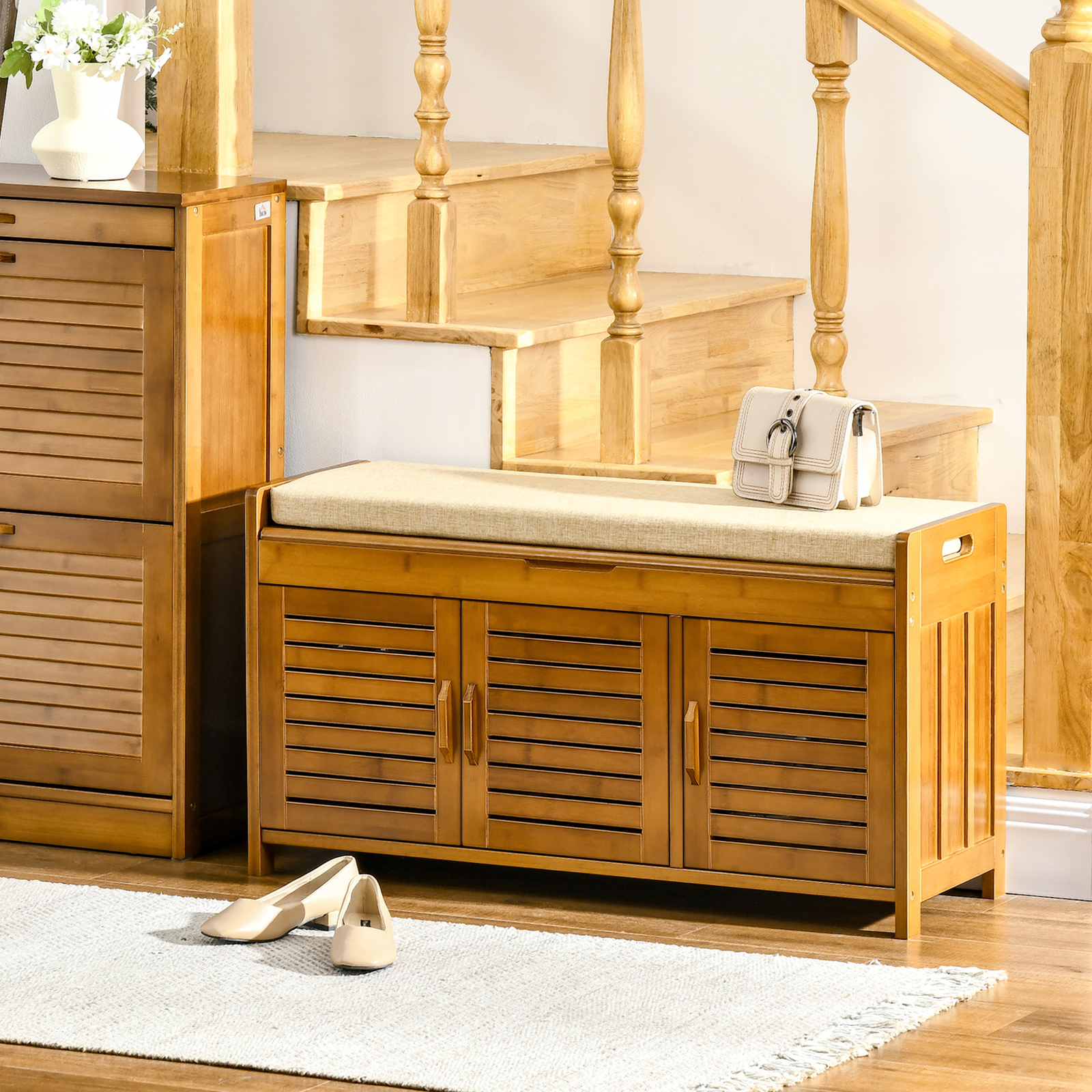 Shoe Bench with Storage Cabinets, Entryway Bench w/ Cushion Hidden Compartment