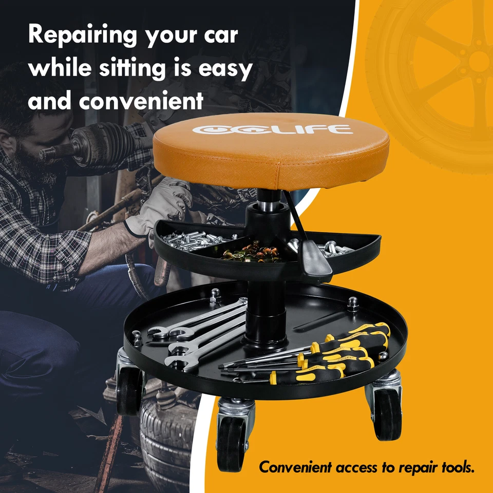 Werkstatthocker Mit Rollen Höhenverstellbar Werkstattstuhl 2 Ablagen 150kg - Bild 4 von 4