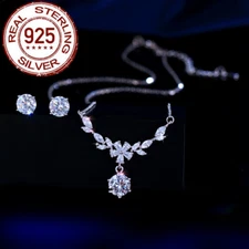 Top 925 Sterling Silver CZ Leaf Round Drop Earrings Necklace Fashion Jewelry Set