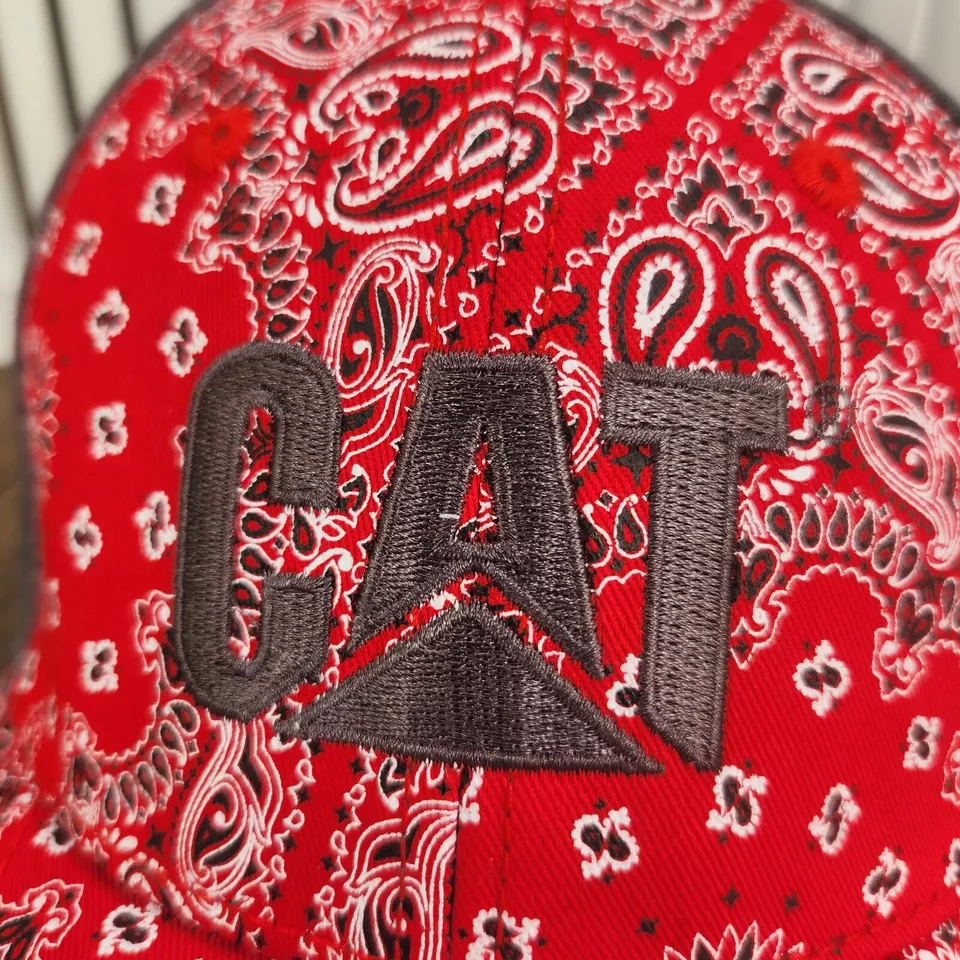 CAT Equipment Paisley Bandana Strapback Hat Cap Red Gray Canvas Adjustable Ranch - Image 3 of 4