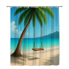 Tropical Beach Shower Curtain with Palm Tree and Ocean View