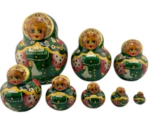 Vintage Russian Wooden Hand Painted 5.25"  Nesting Dolls 8 Pc Green Floral