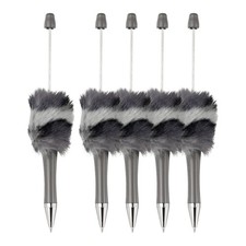 Fluffy Beadable Pens, Plastic Bead Pen for DIY Beads - 5 Pcs Gray Leopard
