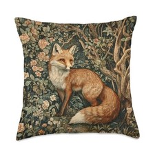 Fox in a William Morris Style Forest Throw Pillow 18x18