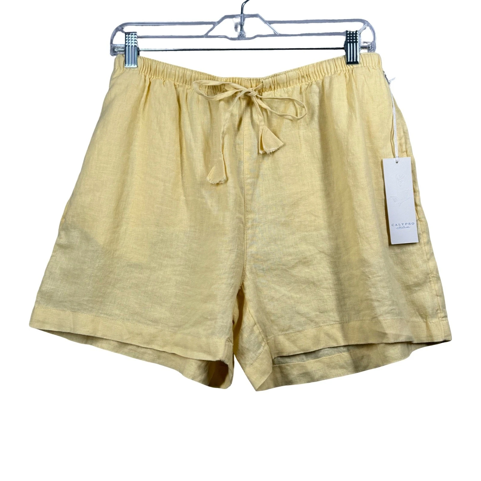 Calypso St Barth 100% Linen Shorts M Yellow Palm Tree Embroidered Beach Resort