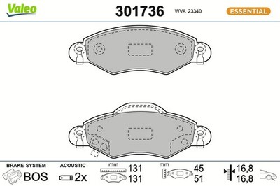 Bremsbelagsatz Scheibenbremse ESSENTIAL VALEO 301736 für TOYOTA YARIS SCP10_