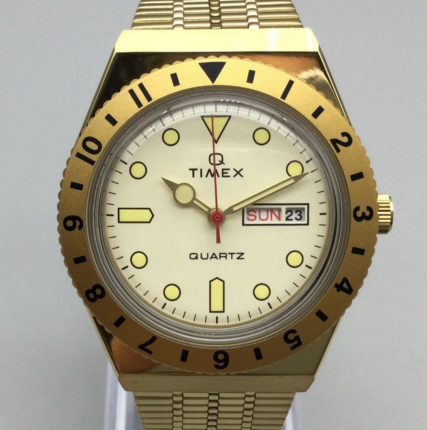 Timex Q Reissue Watch Men TW2V18700 37mm Gold Tone Day Date Adj 