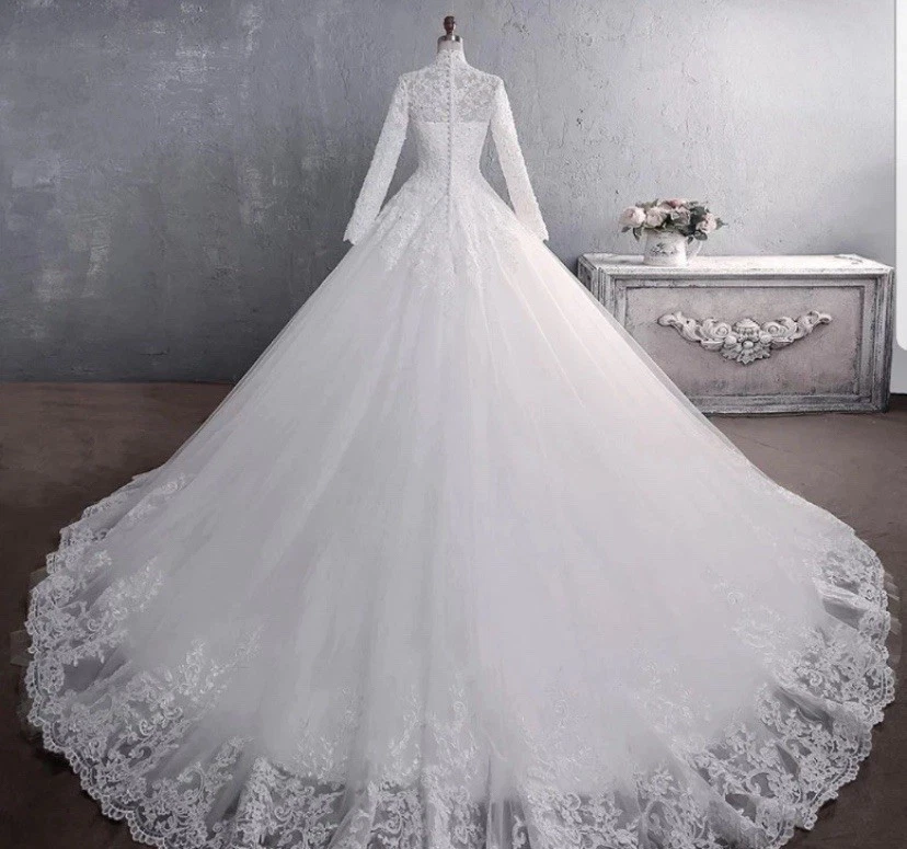 UK White Long Sleeve Lace A-line Muslim Wedding Dress Ball Gown Size 10 size - Image 3 of 4