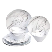 Basics 12-Piece Melamine Dinnerware Set, Service for 4, White Marble- Box of 2