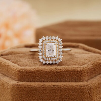 2.20CTW Radiant Moissanite Double Halo Engagement Ring 14k Yellow Gold Plated