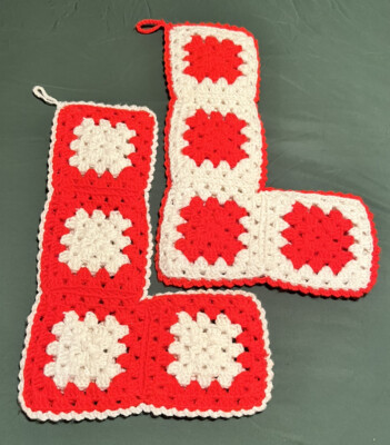 Vtg 2 Handmade Crochet Christmas 17  Stockings Granny Squares Holiday Red White