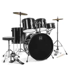 Adult Drum Set 5-Pcs Full Size 22" Bass Toms Snare Cymbals Throne Stands Black