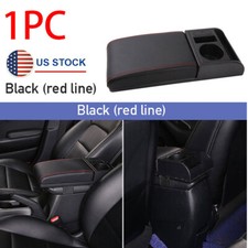 Us Car Armrest Box Wcup Holder Pu Leather Blackred Line Movable Elbow Support