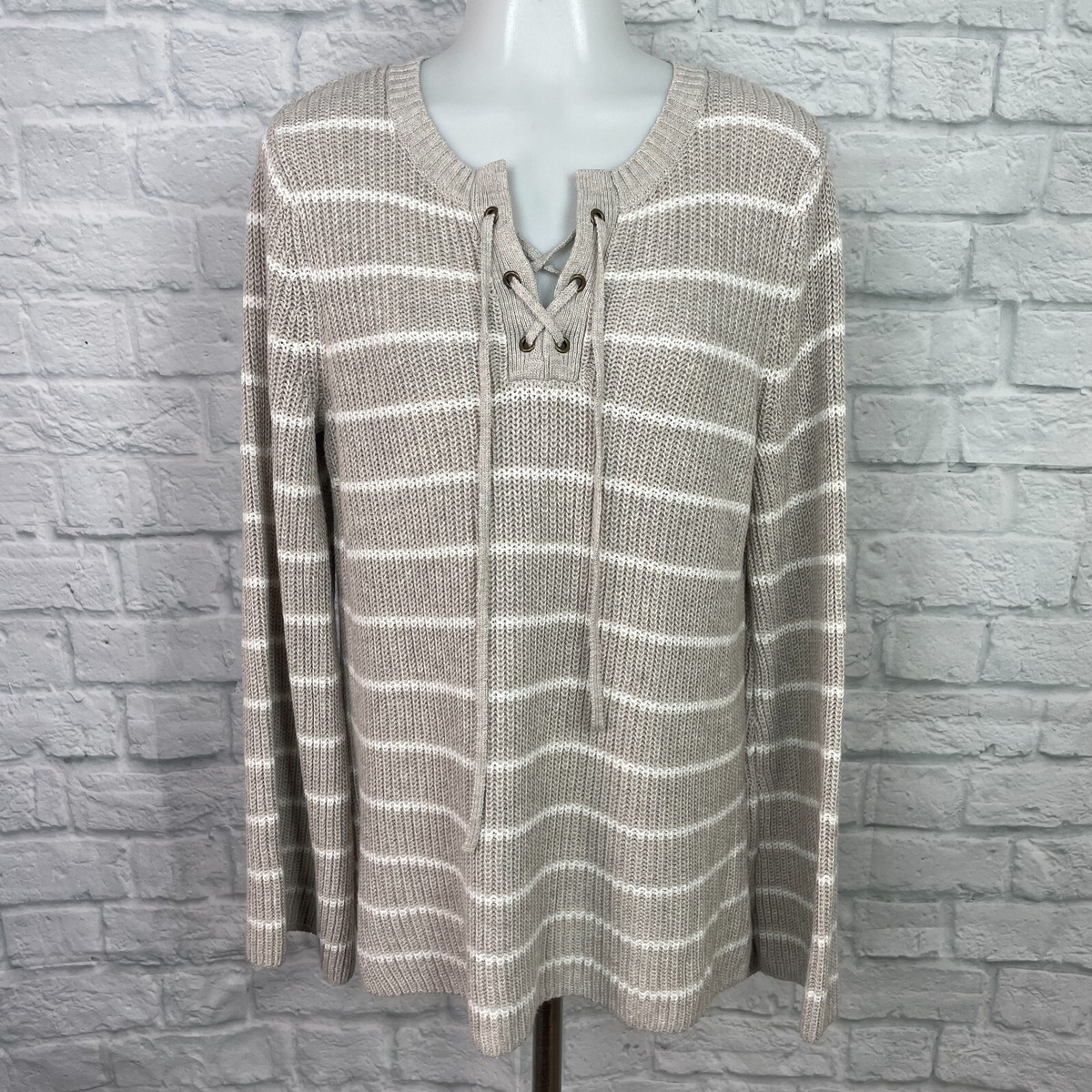 Old Navy Sweater Medium Beige Striped Lace-Up Flared Sleeve Cotton Blend  Women's