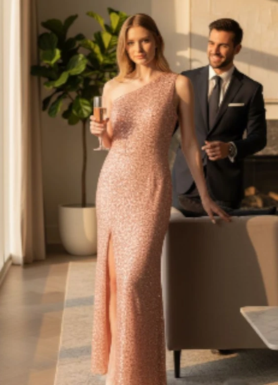 Vestido de lentejuelas rosa salmón - Talla 16 - Un hombro - Cierre de cremallera - Nuevo sin etiquetas Foto 2 de 3