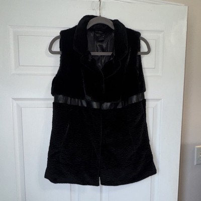 IMAN Women's Black Faux Fur Collared Lined Mid-Length Vest, Size XS/S