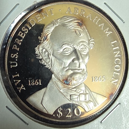 Liberia 2000 20 Dollar Abe Lincoln KM#219 .999 Silver Proof Coin 1861-1865 Toned