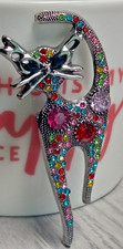 Silver Tone Multi Colored Rhinestone Cat Brooch