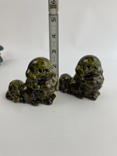 Vintage Kitschy Ceramic Puppy Dog Green Big Eyes 2.5" MCM Decor Lot 2 Figurines - 第 2/6 張圖片