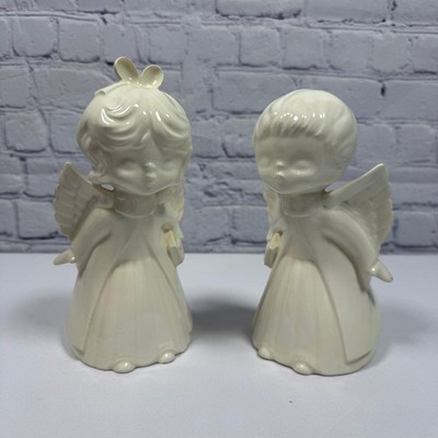 Vintage White Ceramic Kissing Angels Figurines Girl and Boy Set of 2