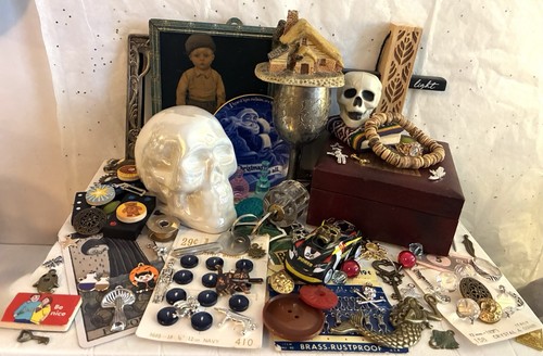 Vtg Tin Silver Frames Goblet Leather Swank Box Skull Charms Junk Drawer Art Lot