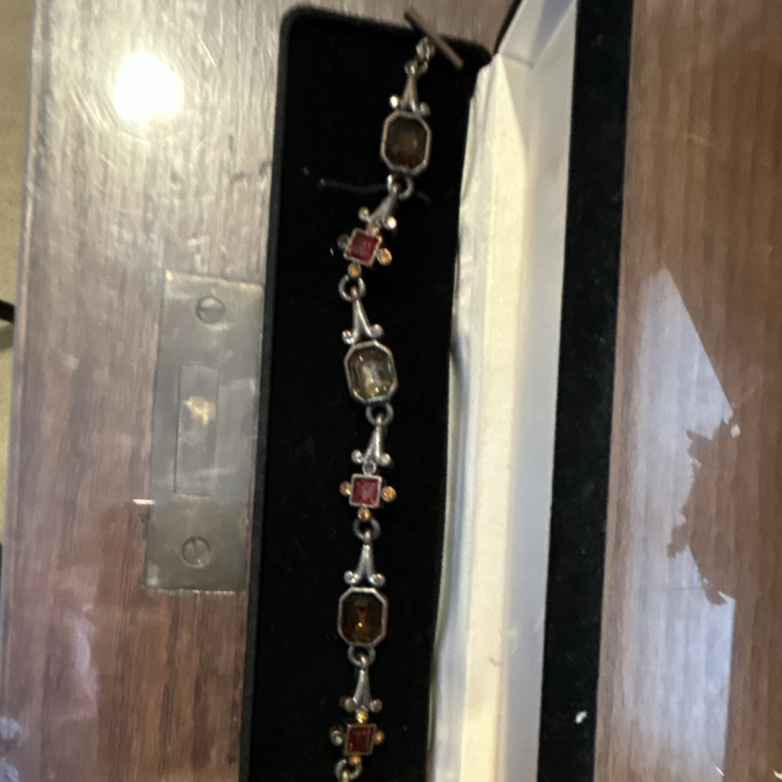 Silver Link Bracelet Rectangular Red Brown Stones… - image 1