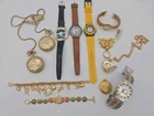 Lot Vtg Costume Jewelry Watches Gruen Gold Tone Pocket Watch Locket  Bracelet