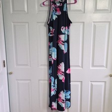 Sleeveless Floral Halter Maxi Dress Navy Pink Blue XL Tie Stretch A18