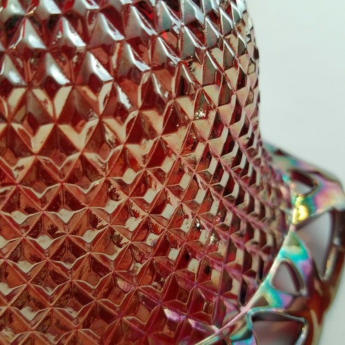 Cuenco de vidrio rojo rubí imperial carnaval encaje abierto patrón diamante patas vintage - Imagen 10 de 11