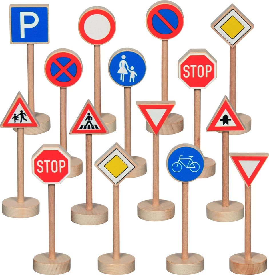 GOKI VERKEHRSZEICHEN Holz 15 Stück Verkehrserziehung Schilder für Kinder Verkehr NEU